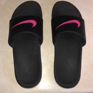 Black and Hot Pink Nike Kawa Slides